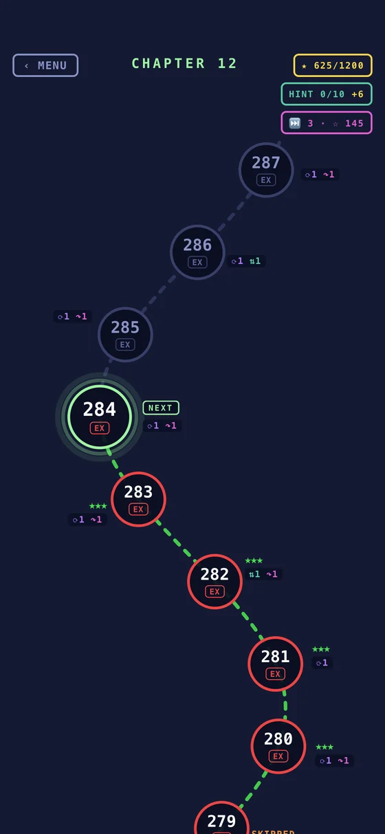 The level map with stars and difficulty tiers